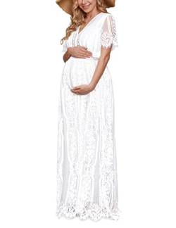 V-Ausschnitt Spitze Umstandskleid für Fotoshootings Babyparty Hochzeit Sommer, Blumenspitze Boho Schwangerschaftskleider, B Weiß, Groß von guruixu