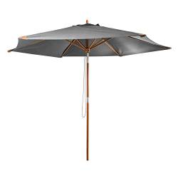 habeig Sonnenschirm Marktschim 300 cm aus Holz mit UV 50+ und Ledertaschen an den Enden 3m mit 6 Rippen (Grau) von habeig