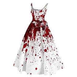 Ballkleider Damen Damen-Halloween-Kleid mit blutigem Aufdruck, lässig, Party, Rundhalsausschnitt, sexy, ärmellos Damen Cocktail Kleid (Red-A, XL) von hahuha