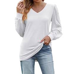 Damen Longline Tunika V-Ausschnitt Einfache Mesh Bubble Sleeve Langarm T-Shirt Basic Bluse Tee Tops, weiß, 48 von hahuha