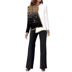 Elegant Hosenanzug Damen Damen Casual Zweiteiler 3D-Druck Outfit Langarm V-Ausschnitt Unregelmäßiges Hemd Lange Hosen Business Anzug Set (Black, XXXL) von hahuha
