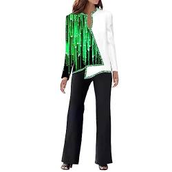 Elegant Hosenanzug Damen Damen Casual Zweiteiler 3D-Druck Outfit Langarm V-Ausschnitt Unregelmäßiges Hemd Lange Hosen Business Anzug Set (Green, XXL) von hahuha