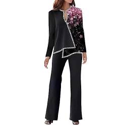 Elegant Hosenanzug Damen Damen Casual Zweiteiler 3D-Druck Outfit Langarm V-Ausschnitt Unregelmäßiges Hemd Lange Hosen Business Anzug Set (Pink, XXL) von hahuha