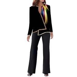 Elegant Hosenanzug Damen Damen Casual Zweiteiler 3D-Druck Outfit Langarm V-Ausschnitt Unregelmäßiges Hemd Lange Hosen Business Anzug Set (Yellow, L) von hahuha