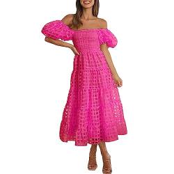 Kleider für Damen, lässig, bestickt, Maxikleid, Blumenmuster, fließend, quadratischer Ausschnitt, Kleider mit Puffärmeln für den Sommer, Baumwoll-Sommerkleider für Damen, hot pink, Small von hahuha