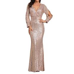 hahuha Damen Formal Party Kleid Damen Fischschwanz Abendkleider Bestickt Ärmellos V-Ausschnitt Hochzeit Brautjungfer Abend Langes Kleid Bodenlangen Bandage Prom Ballkleider, gold, Small von hahuha