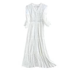hahuha Damen Midikleid Hochwertiges Retro-Feenkleid in Weiß, Sommer-V-Ausschnitt, Blasenrock, Prinzessinnenkleid von hahuha