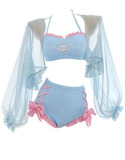 haikyuu Damen Anime Bunny Bikini Set mit Cover Up Kawaii Zweiteiliger Badeanzug Schnürung Badeanzug, Blau, Large von haikyuu