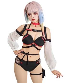 haikyuu Frauen Anime Derivative Bikini Set mit Choker und Arm Ärmel Goth Badeanzug Schnürung Bademode Gothic Badeanzug, Schwarz, XL von haikyuu