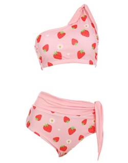 haikyuu Frauen Erdbeere Rosa Eine Schulter Zwei Stück Badeanzug Hohe Taille Bikini Kawaii Nette Bademode Badeanzug, Pink, XX-Large von haikyuu