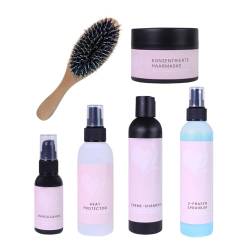 hair2heart Pflegeset für Extensions - Großes Set mit Bürste, Shampoo, Haarmaske, Öl, Kur und Hitzeschutz - Für geschmeidige, entwirrte und gepflegte Echthaarverlängerungen von hair2heart