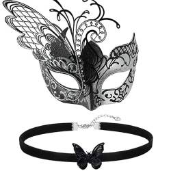 Ruisy Halloween Schmetterling Metall Venezianische Maske Set mit Choker Gothic Spitze Halsband Halskette geeignet für sexy Kostümball, Maskerade, Karnevalsparty, Weihnachten von hanaiette