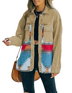 happlan Aztekische Jeansjacke für Frauen Revers Button Down Print Shirt Mantel Shacket, A O Khaki, M von happlan