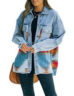happlan Aztekische Jeansjacke für Frauen Revers Button Down Print Shirt Mantel Shacket, A Orange, XS von happlan