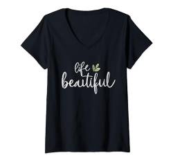 Damen Grafik motivierend Life is beautiful Happiness T-Shirt mit V-Ausschnitt von happy newdesign outfit
