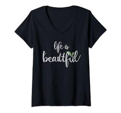 Damen Grafik motivierend Life is beautiful Happiness T-Shirt mit V-Ausschnitt von happy newdesign outfit