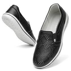 hecodi Damen Freizeitslipper, süße Slip-On-Komfort-Walking-Flats, Fahr-Mokassins, modische geschlossene Zehen-Bootsschuhe in Schwarz, Größe 36 von hecodi