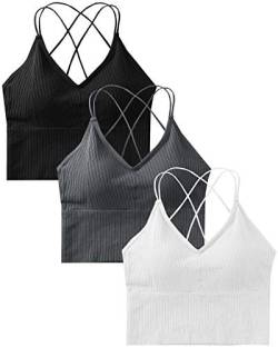 Sport BH Damen Bustier BH Ohne Bügel Sport Bra Top Spaghettiträger Cross Back Design Push up BH für Yoga Fitness (Schwarz+Grau+Weiß) von heekpek