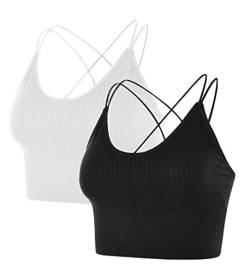 Sport BH Damen Bustier BH Ohne Bügel Sport Bra Top Spaghettiträger Cross Back Design Push up BH für Yoga Fitness (Schwarz+Weiß) von heekpek