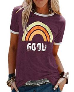 T Shirt Damen Kurzarm Baumwolle Sommer Outdoor Tee Rundhal Oberteile T-Shirt Muster Good Regenbogen Shirt Hemd Tops Bluse Lässiges,lila L von heekpek