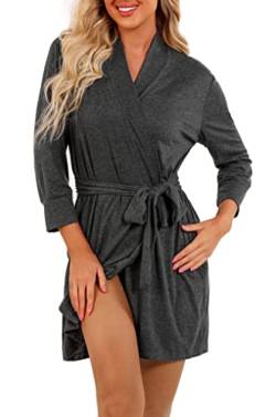 heekpek Bademantel Damen Sommer Winter Kurz Morgenmantel V-Ausschnitt Reisebademantel Baumwolle 3/4 Ärmeln Saunamantel Kimono mit Gürtel Nachthemd für Braut Nachtwäsche,Dunkelgrau S von heekpek