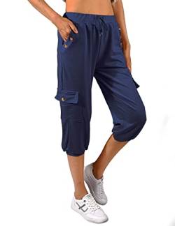 heekpek Caprihose Damen Sommer 3/4 Jogginghose Damen Kurze Sommerhose Leichter Casual Lose Elastischen Kordelzug Hose mit Tashen Freizeithosen Sweathose, XXL, Navy blau von heekpek