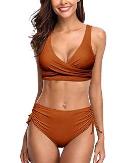 heekpek Damen Bikini Set Badeanzug Zweiteilige V-Ausschnitt Cross Back Schnürverschluss Bikinioberteil und Seiten Kordelzug Badehose Bikini Set Bademode Sexy, Marrone, S von heekpek