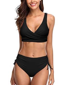 heekpek Damen Bikini Set Badeanzug Zweiteilige V-Ausschnitt Cross Back Schnürverschluss Bikinioberteil und Seiten Kordelzug Badehose Bikini Set Bademode Sexy, Schwarz, M von heekpek