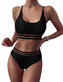 heekpek Damen Bikini Set Brazilian Bikini Damen Sexy 2-Teilig Badeanzug Transparente Streifen U Ausschnitt Bandeau Bademode Zweiteiliger Badeanzug Swimsuit,Schwarz, M von heekpek