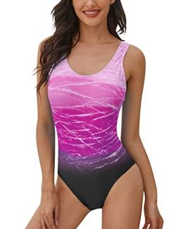 heekpek Einteiliger Badeanzug Damen Bauchweg Frau Bademode Sport Weste Gradient Badeanzug Slim Fit Strandmode Rückenfreier Swimsuit Push-up Gepolstert Schwimmanzug(Violett,XL) von heekpek