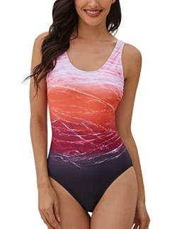 heekpek Einteiliger Badeanzug Damen Bauchweg Frau Bademode Sport Weste Gradient Badeanzug Slim Fit Strandmode Rückenfreier Swimsuit Push-up Gepolstert Schwimmanzug(roter Farbverlauf,XXL) von heekpek