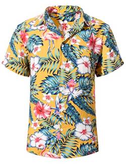 heekpek Hawaii Hemd Männer Sommer Hawaii Hemd Kurzarm Strand Freizeithemden Resort Shirt mit Palmen Blumen Hawaii-Print, Gelbes mit Blume, L von heekpek