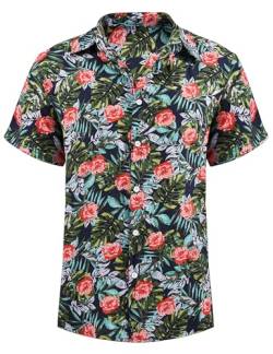 heekpek Hawaii Hemd Männer Sommer Hawaii Hemd Kurzarm Strand Freizeithemden Resort Shirt mit Palmen Blumen Hawaii-Print, Navyblau mit Rosendruck, L von heekpek