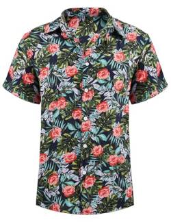 heekpek Hawaii Hemd Männer Sommer Hawaii Hemd Kurzarm Strand Freizeithemden Resort Shirt mit Palmen Blumen Hawaii-Print, Navyblau mit Rosendruck, XL von heekpek