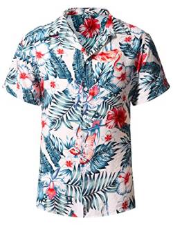 heekpek Hawaii Hemd Männer Sommer Hawaii Hemd Kurzarm Strand Freizeithemden Resort Shirt mit Palmen Blumen Hawaii-Print, Weiße mit Blume, L von heekpek