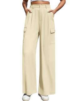 heekpek Hosen Damen Lockere Business Hose Weites Bein Freizeithose Hohe Taille Y2K Casual Stoffhose Damenhosen mit Gummibund und Tasche, Beige, XXL von heekpek