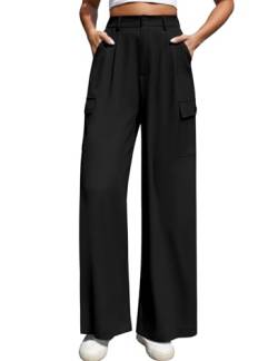 heekpek Hosen Damen Lockere Business Hose Weites Bein Freizeithose Hohe Taille Y2K Casual Stoffhose Damenhosen mit Gummibund und Tasche, Schwarz, L von heekpek