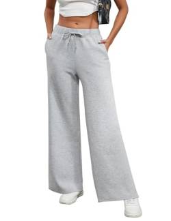 heekpek Jogginghose Damen Lang Freizeithose High Waist Elegante Jogginghose Weites Bein Loungehose Kordelzug Bequem Hosen mit Taschen, Hellgrau, M von heekpek