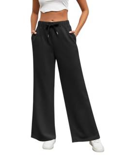 heekpek Jogginghose Damen Lang Freizeithose High Waist Elegante Jogginghose Weites Bein Loungehose Kordelzug Bequem Hosen mit Taschen, Schwarz, L von heekpek