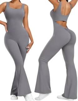 heekpek Jumpsuit Damen Lang Flared Ärmelloser Tank Top Rückenfrei Yoga Jumpsuit Damen Eng Sport Scrunch Butt Overall Elegant Ganzkörperanzug Damen Sexy, Grau, S von heekpek