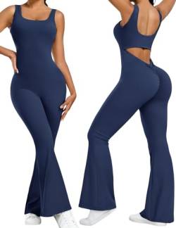 heekpek Jumpsuit Damen Lang Flared Ärmelloser Tank Top Rückenfrei Yoga Jumpsuit Damen Eng Sport Scrunch Butt Overall Elegant Ganzkörperanzug Damen Sexy, Marineblau, L von heekpek