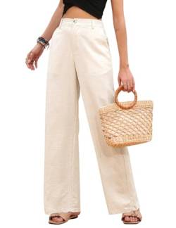 heekpek Leinenhose Damen Sommer Leichte High Waist Hose Damen Bequeme Lang Stoffhose Lockere Gerade Geschnitten Sommerhose Freizeithose mit Taschen, Beige, S von heekpek