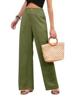 heekpek Leinenhose Damen Sommer Leichte High Waist Hose Damen Bequeme Lang Stoffhose Lockere Gerade Geschnitten Sommerhose Freizeithose mit Taschen, Grün, M von heekpek