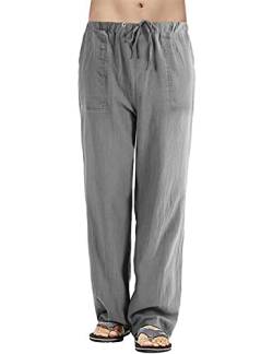 heekpek Leinenhose Herren Lang Leicht Sommerhose Herren Baumwoll Leinen Hose Regular Fit Gerade Hosen Freizeithose Strand Leinenhose Herren für Ferien, Hellgrau, XXL von heekpek