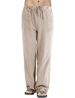 heekpek Leinenhose Herren Lang Leicht Sommerhose Herren Baumwoll Leinen Hose Regular Fit Gerade Hosen Freizeithose Strand Leinenhose Herren für Ferien, Khaki, M von heekpek