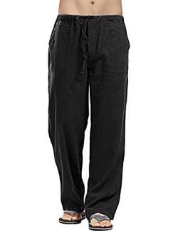 heekpek Leinenhose Herren Lang Leicht Sommerhose Herren Baumwoll Leinen Hose Regular Fit Gerade Hosen Freizeithose Strand Leinenhose Herren für Ferien, Schwarz, M von heekpek