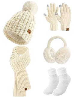 heekpek Mütze Schal Handschuhe Ohrenschützer und Socken Set Damen 5 Stücke Warme Wintermütze Winterschal Strick Winterzubehör Winterset 5 in 1, Cremefarben von heekpek