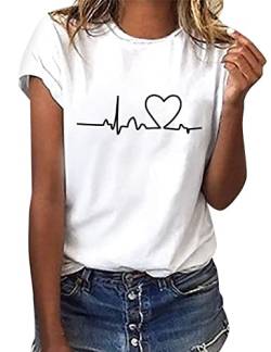 heekpek Sommer T-Shirt Damen Basic T Shirt Bedrucken Rundhalsausschnitt Weiß Oberteile Baumwolle Casual Damen Kurzarm Bluse Tops, EKG, M von heekpek