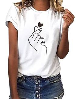 heekpek Sommer T-Shirt Damen Basic T Shirt Bedrucken Rundhalsausschnitt Weiß Oberteile Baumwolle Casual Damen Kurzarm Bluse Tops, Finger, S von heekpek