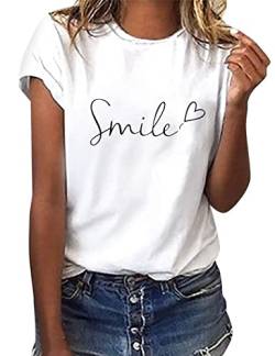 heekpek Sommer T-Shirt Damen Basic T Shirt Bedrucken Rundhalsausschnitt Weiß Oberteile Baumwolle Casual Damen Kurzarm Bluse Tops, Lächeln, L von heekpek